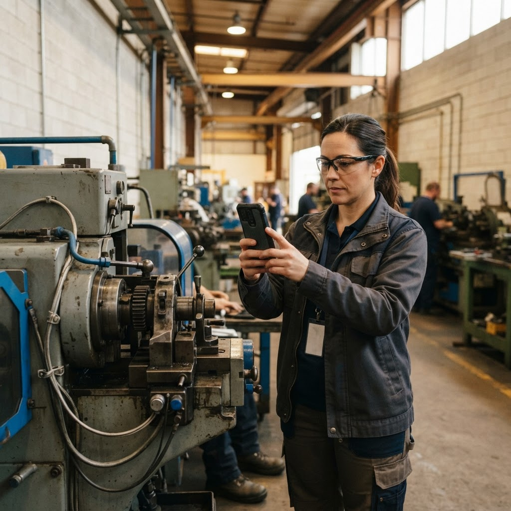 A technician documenting a machine component with a smartphone during an on-site inspection