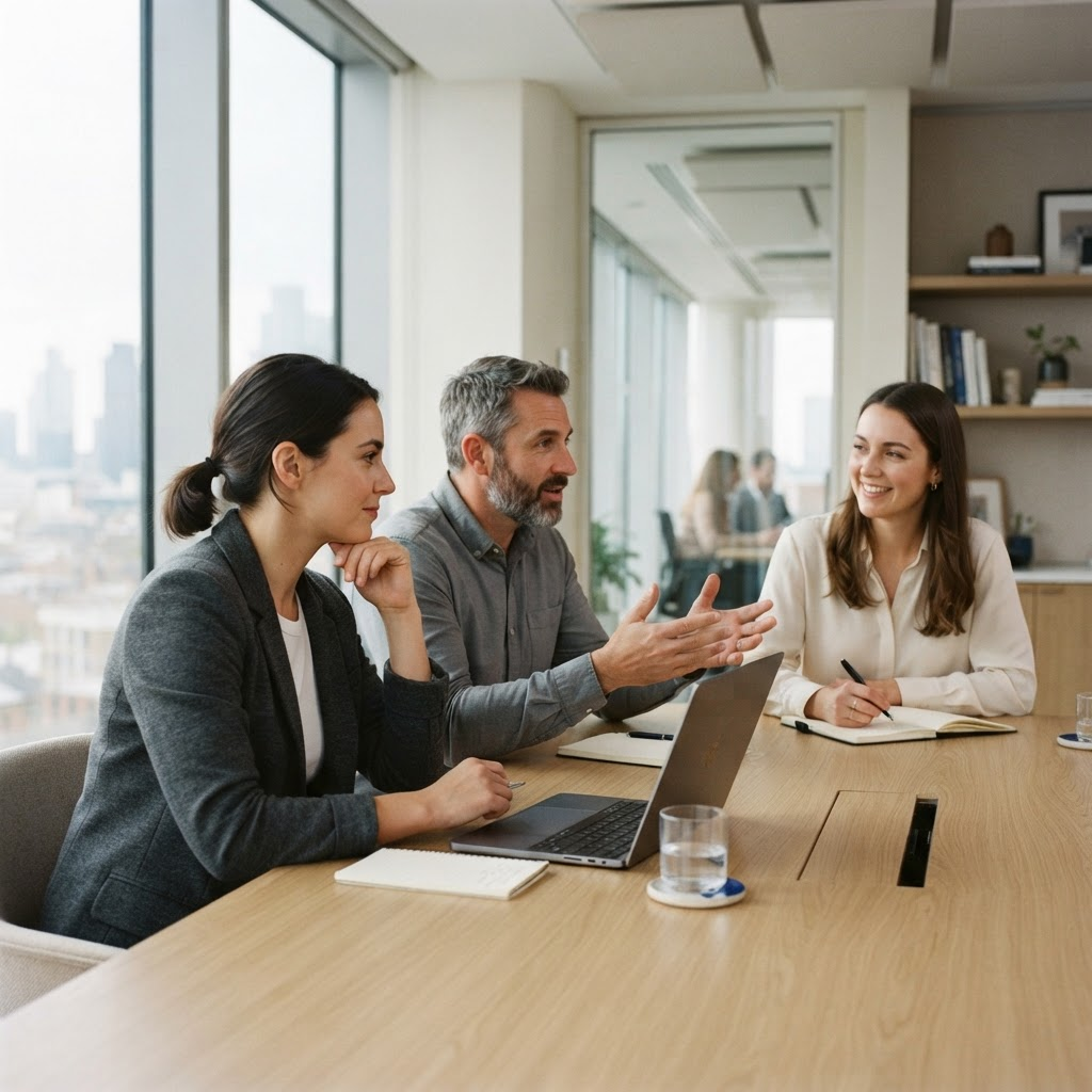A professional team in a working meeting around a table
