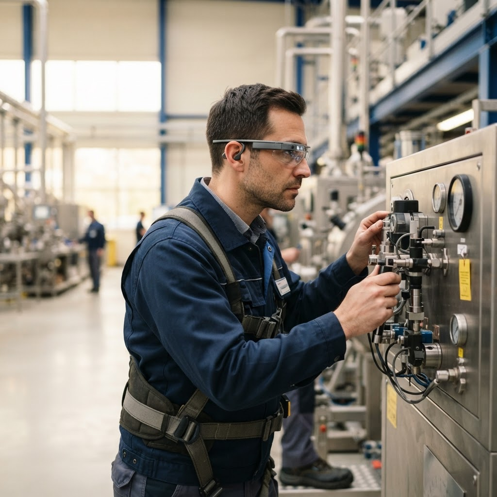 An industrial engineer wearing enterprise smart glasses while inspecting process equipment in a plant